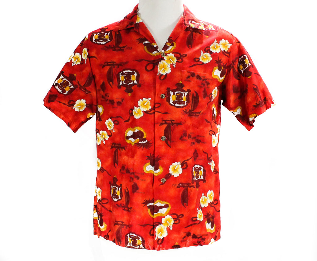 Men's Small Aloha Shirt - 50s Red Hawaiian Cotton Shirt - 1950s 60s Label - Hawaii Crest Map Novelty Print - Summer Top by Momi - Chest 42