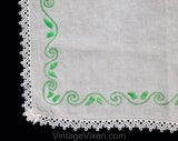 Spearmint Green Embroidered Tablecloth - Oatmeal Natural Linen with Leaves Embroidery & Cotton Crochet Lace - Rustic Square in Spring Hues
