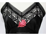 Size 10 Black Full Slip with Fuchsia Flowers - 1950s Nylon Tricot Lingerie - Sheer Lace & Pink Appliques - 50s Classic Pretty - Bust 35.5