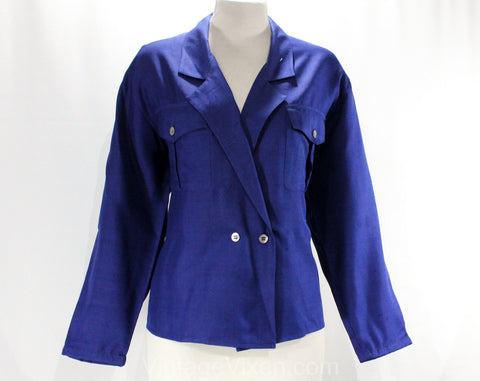 Size 14 Silk Blouse - Anne Klein 80s Sapphire Blue Designer Top - 1980s 1990s Long Sleeved Shirt - Raw Silk Tailored Safari Style - Bust 44