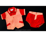 1950s Baby Boy's Red Corduroy Shirt & Short - Size 6 to 9 Months - Little Ricky - Infant Boys Checked 50s Outfit - Waterproof Diaper Cover