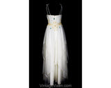 XS Fairytale White Dress - Fantasy Fairy Empire Evening Gown with Tea Lace & Blue Rosettes - Size 00 Handkerchief Hem Formal - Bust 30.5