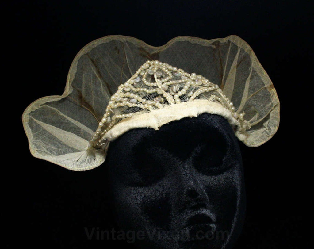 1920s Wedding Crown - 20s Bridal Millinery - Bride's Headwear - Fine Net - Faux Pearls - Tiara Style Hat - Fantasy Headpiece - 45070