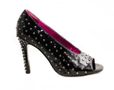 Size 6 Studded Shoes - Sexy Glossy Black Dominatrix Shoes with Silver Metal Studs - Fetish 1990s 4 Inch Spike High Heels - Open Toes - 50244