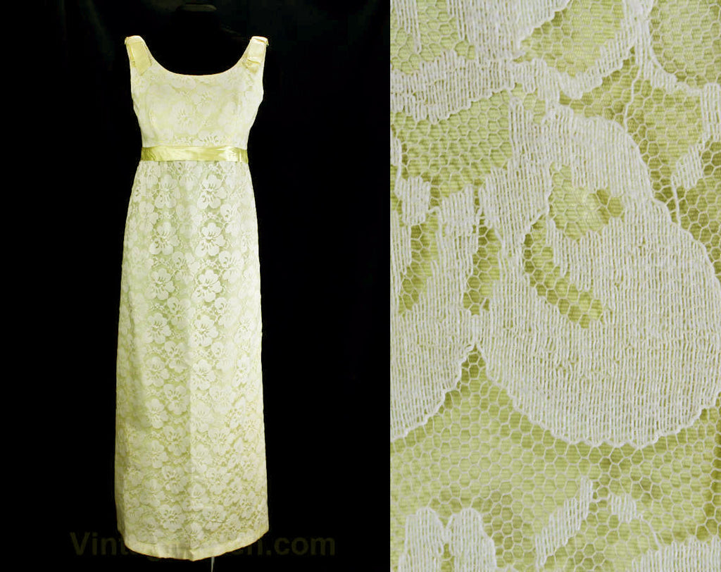 Size 8 Evening Dress - 60s Yellow & White Lace Formal Gown - 1960s Sleeveless Spring Summer Chic with Empire Waist - Satin Bows - Bust 36