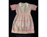 Quaint Girls Pink Cotton Dress - Girl's Size 10 Summer Frock with Flowers - 50s Childs Charming Portrait Style - Cute Appliques - Bust 31