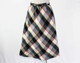 Size 8 Plaid Skirt - 1980s Retro Preppy Style - 50s Look - Black Red Blue White Bias Cut Faux Wool 80s Skirt & Original Belt - Waist to 28