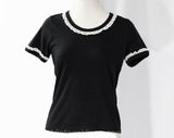 XS Cute Black Tee - Size 2 Black Cotton Jersey 70s 80s T Shirt - Casual Preppy TShirt with White Eyelet Lace Trim - Summer Top - Bust 33