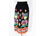 XL 1980s Bohemian Skirt - Black Boho Hippie Plus Size with Vivid Appliques Sequins & Mirrors - 80s 90s Fiesta - Size 20 22 - Waist up to 42