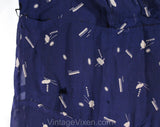 As Is Size 12 1920s 30s Novelty Print Dress - Blue & White Deco Artists Palettes - Chain Stitched Flowers - Fragile Torn - Bust 38 - 50832