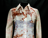 Size 6 Disco Shirt - 1970s Landscape Trees Scene Print Top by Loubella - Small Long Sleeved 70's Blouse - Pink Purple & Rust - Bust 34