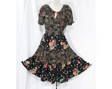Size 6 Bohemian Sun Dress - 1940s Inspired Rayon Floral Summer Frock - 70s Prairie Boho Style Full Skirt - Black Pink Jade Green - Waist 26