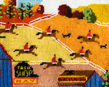 Horse Town Needlepoint Canvas - Burnt Orange Equestrian Fox Hunt Scenes - McIntyre Barn & Tack Shop - ca. 1989 Hand Made Artisan 20 x 10.75"