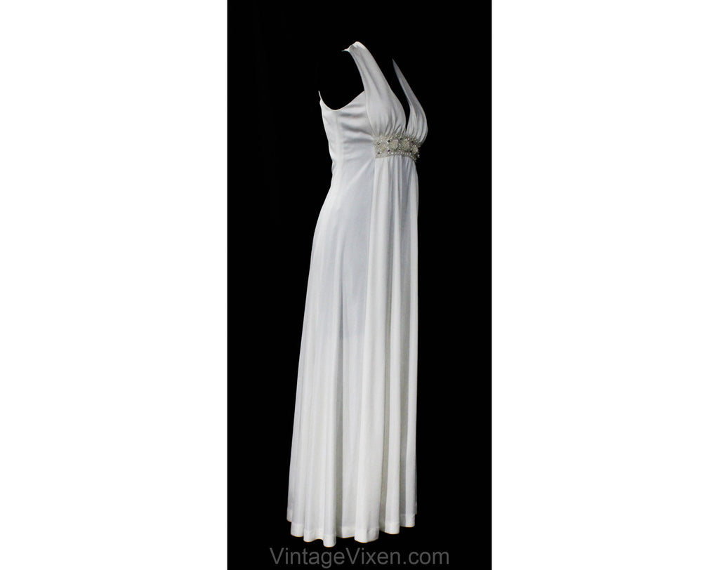 Size 8 White Evening Dress - Femme 1970s Goddess Formal Gown - White H Vintage Vixen Clothing Size 8 White Evening Dress - Femme 1970s Goddess Formal Gown - White H Vintage Vixen Clothing