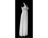 Size 8 White Evening Dress - Femme 1970s Goddess Formal Gown - White Halter Look 70s Sleeveless - Plunge V Neck & Lavish Beading - Bust 34.5