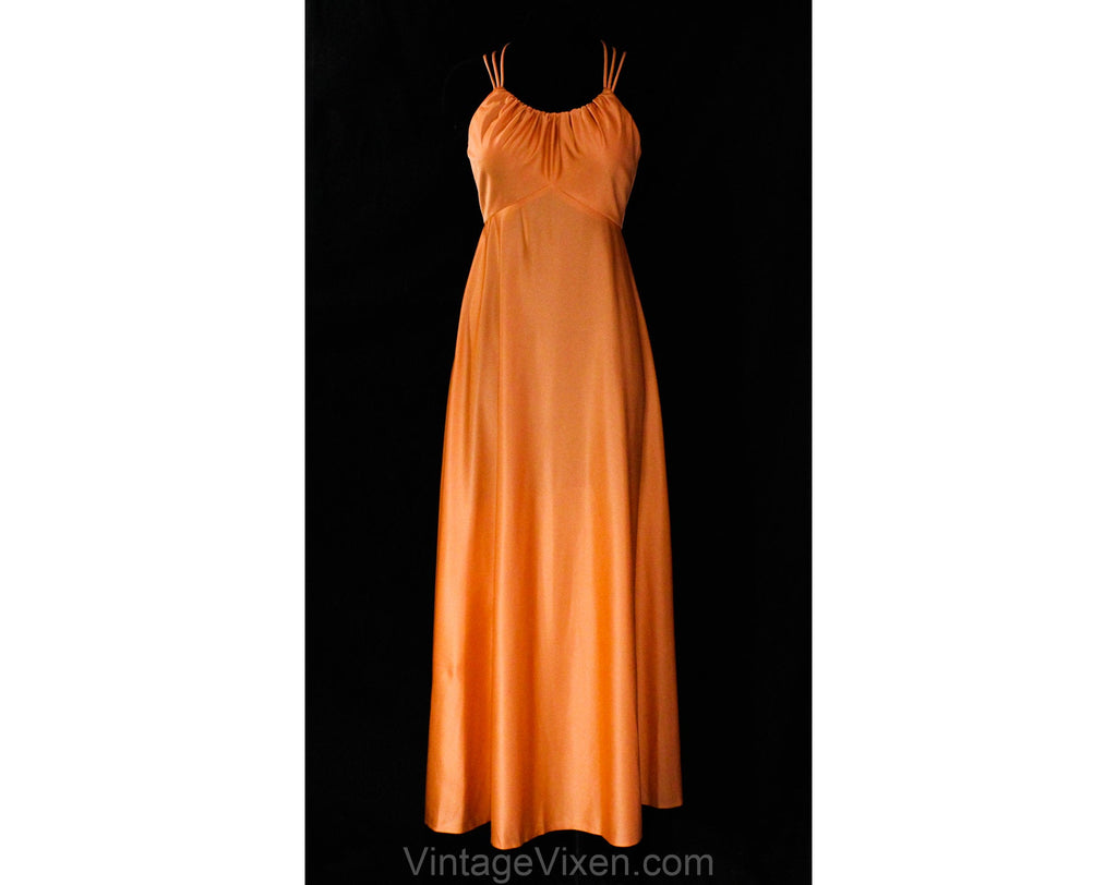 Small 1970s Peach Evening Dress with Triple Straps - Sexy Size 6 Summe Vintage Vixen Clothing Small 1970s Peach Evening Dress with Triple Straps - Sexy Size 6 Summe Vintage Vixen Clothing
