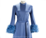 Size 10 1970s Dress by Lilli Diamond - Long Sleeved 70s Glamour Cocktail - Marabou Feather Cuffs - Periwinkle Blue Knit - Zsa Zsa - Bust 38