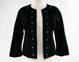 Size 6 Glam 1950s Black Beaded Sweater - Early 60s Small Open Front Cardigan - Hand Sewn Beadwork - Flowers - Imported from Europe - Bust 36