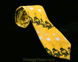 1960s Goldenrod Tie - Antique Train Lanterns Men's 60s Novelty Print Necktie - Yellow White Black Outdoor Victorian Lamp Lights - Late 60's