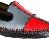 Size 9 Mod 1960s Patchwork Leather Pumps - Unworn Shoes - Red Gray & Black Stitched Color Block Patches - 50s 60s Secretary Deadstock NIB