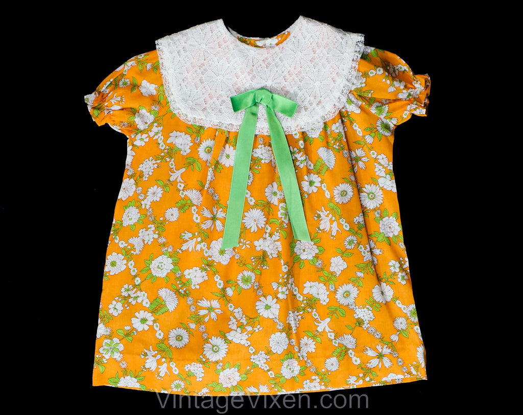 Girl's Size 5T Dress - 1960s Orange Floral Girls Summer Frock - Childs 60s Mod Style with Green Botanical Cotton Print - Puffed Sleeves