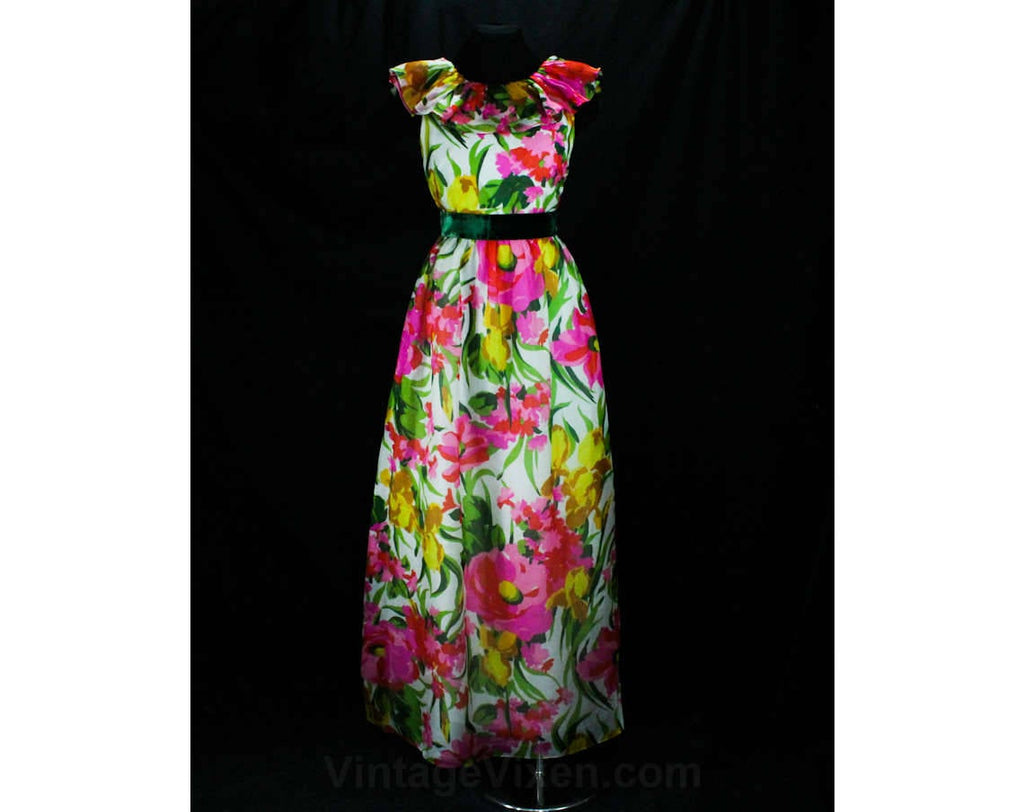 Size 4 Summer Ball Gown - 1960s Tropical Silk Designer Evening Dress - Vivid Floral Organza & Velvet - Kiki Hart Elizabeth Arden - Bust 32.5