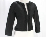 Size 10 Black Jacket - 1950s Sharp Tailored Crop Waist Blazer - 3/4 Sleeve - Elegant 50s 60s Wool & Braid - Chic Custom Feel - Bust 36