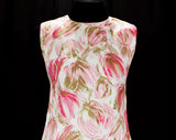 Size 6 60s Dress - Sleeveless 1960s Floral Sheath - Pink White & Khaki Tulip Style Flowers - Spring Summer Painted Look Crepe - Bust 34