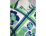Large 60s Shirt - Navy & Lime Floral Lattice Polyester Top - Size 14 Blue and Green Short Sleeved 1960s Casual Blouse - Bust 42 - 31728