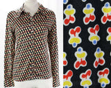 FINAL SALE Size 14 Shirt - Little Running People 70s Blouse - Large Long Sleeved Casual 1970s Top - Abstract Novelty Print - Bust 42