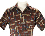 Mens Medium 1970s Shirt by Oleg Cassini - 1970s Designer Short Sleeve Top - Brown Architecture Novelty Print - 70s Casual - Chest 40