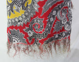1940s Rayon Print Scarf - 40s Red & Yellow Paisley Muffler - Gray Flourishes Cold Rayon - Smoking Jacket Style - 40's Rectangular Scarf