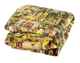 Antique Curios Novelty Print 1960s FULL Bedspread Quilted Comforter - Double Size 60s Bed Linens - Brown Orange Olive - 85 Inches Square
