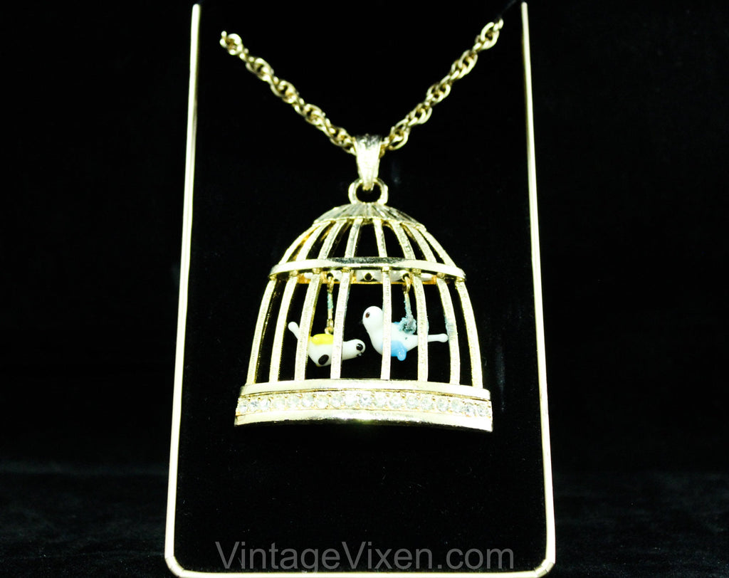 60s Bird Cage Pendant Necklace - Novelty Songbirds Birdcage with Moveable Parts - Hand Blown Glass & Goldtone Metal - 1960s 1970s Jewelry