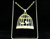 60s Bird Cage Pendant Necklace - Novelty Songbirds Birdcage with Moveable Parts - Hand Blown Glass & Goldtone Metal - 1960s 1970s Jewelry