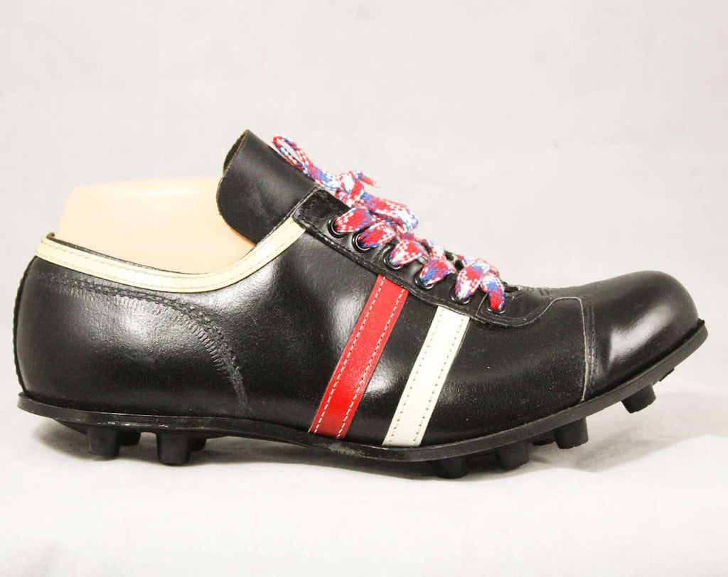 Size 7 Men's Athletic Shoes - 1960s Black Mens Cleats - Retro Sports 60s Deadstock Sneakers - Red & White Racing Stripe - NIB Original Box