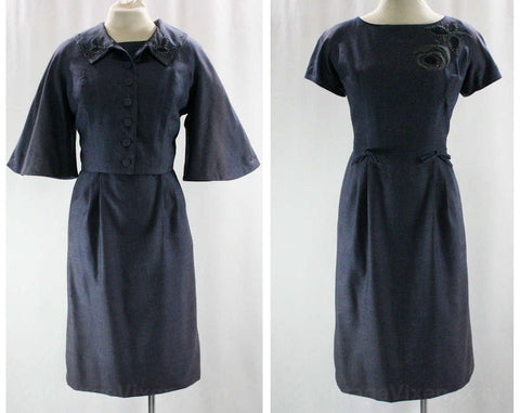 Size 10 Special Blue Dress & Jacket - Especially Chic 1950s Summer Suit - Denim Blue Chambray - 50s Spring Dress Set - Yarn Flower Stitchery
