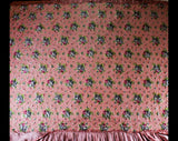 Full Size 1940s Bedspread - Sweet Pink & Green Roses Print on Glam Satin - 40s Rayon Bedroom Linens - Double Bed Cover - Chain Stitching