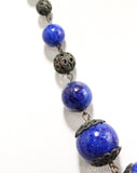 1930s Freckled Blue Glass & Brass Filigree Necklace - 30s 40s Jewelry on Dainty Chain - Fine Metallic Sparkle Cornflower Beads - 50384