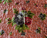 Full Size 1940s Bedspread - Sweet Pink & Green Roses Print on Glam Satin - 40s Rayon Bedroom Linens - Double Bed Cover - Chain Stitching