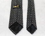 Men's 50s Skinny Tie - Starlight Black Silk Satin Brocade - 1950s Cocktail Lounge Singer Necktie with White Diamond Starburst - Rat Pack Era