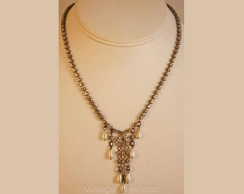 Delicate 1940s Rhinestone & Pearl Evening Necklace - Silvertone - 40s Tassel Silver Metal Pageant Style Necklace - Dangling Teardrops 34763