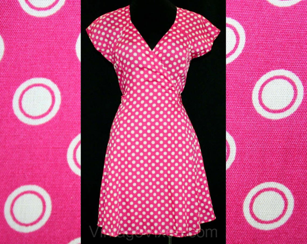 SIze 6 Esprit Mini Dress - Wrap Dress - Fuchsia Pink Polka Dot Rayon - Flirty & Short - 1980s - 1990s - Summer Frock - Bust 34 - 41819