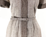 Size 8 1950s Secretary Dress - Short Sleeved 50s Brown Fleck Cottony Fitted Sheath - Peter Pan Collar & Bow - Original Belt - Waist 29.5