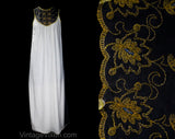 Small 1960s White Nightgown with Double Layer Tricot & Antique Style Leaf Stitching - 60s Sleeveless Summer Ankle Length Nightie - Bust 33.5