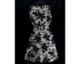Size 8 Silk Dress - 1950s Black & White Tulip Print Floral - Chic 50s Summer Fitted Bodice and A Line Skirt - Original Belt - Waist 27