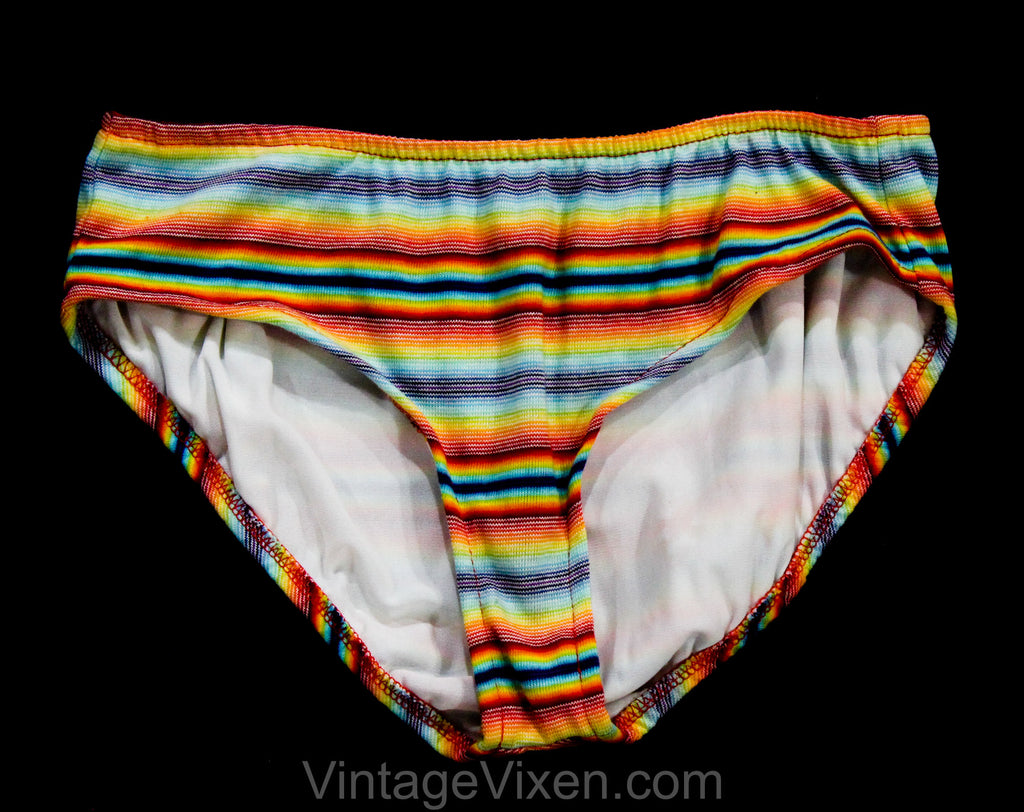 Rainbow Bikini Bottom - 1970s Small Medium Sexy Topless Swimsuit - Red Orange Yellow Green Blue Purple Striped Knit - Deadstock - Hip 35 36