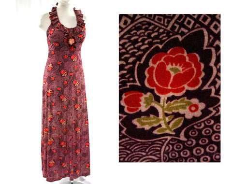 Size 6 Deco Print Burgundy Halter Dress - Gypsy Disco Chic - Young Innocent - 1930s Inspired 1970s Red Orange Dress - Ankle Length - Bust 34