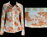 Size 8 70s Shirt - Long Sleeved 1970s Disco Era Casual Top - Scenic Novelty Print Plantations Mansions - Peach Pink Mint Green - Bust 37.5