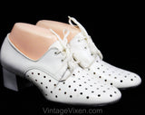 Never Worn Size 7 1/2 1960s Shoes - Off White Polka Dot Perforated Pumps - Deco 20s Inspired - Dotted Leather - 60s Deadstock 7.5 Wide Width